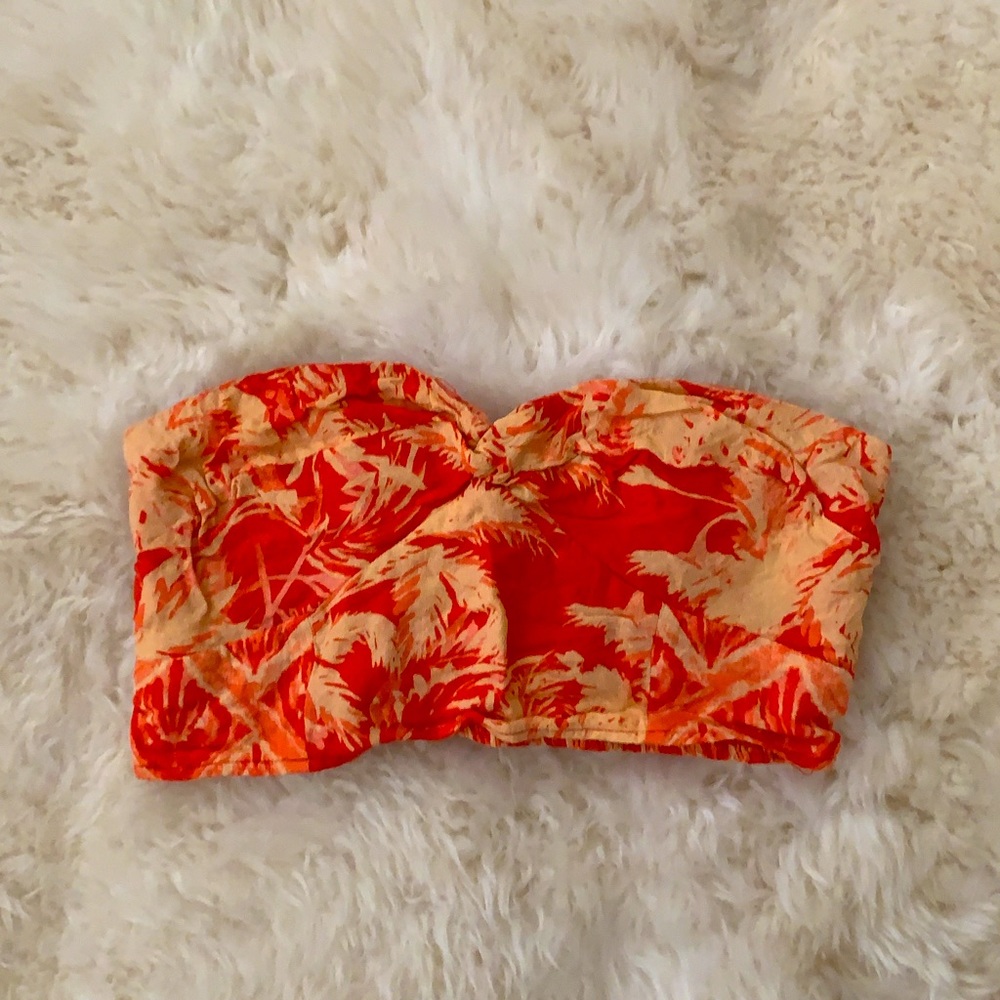 Free People Strapless Palm Crop Top Red/Yellow S